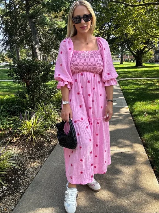 Pink Smocked Maxi Dress with Puff Sleeves - Picture 3 of 9